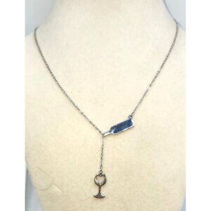 Silver Tone Wine Glass & Wine Bottle Necklace